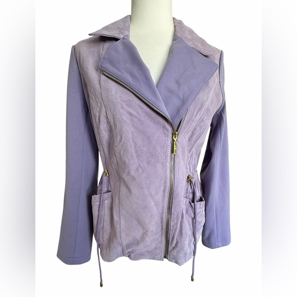 IMAN Genuine Suede Leather Moto Jacket Lilac Purple Lavender Knit Sleeve S NWT - Picture 1 of 10